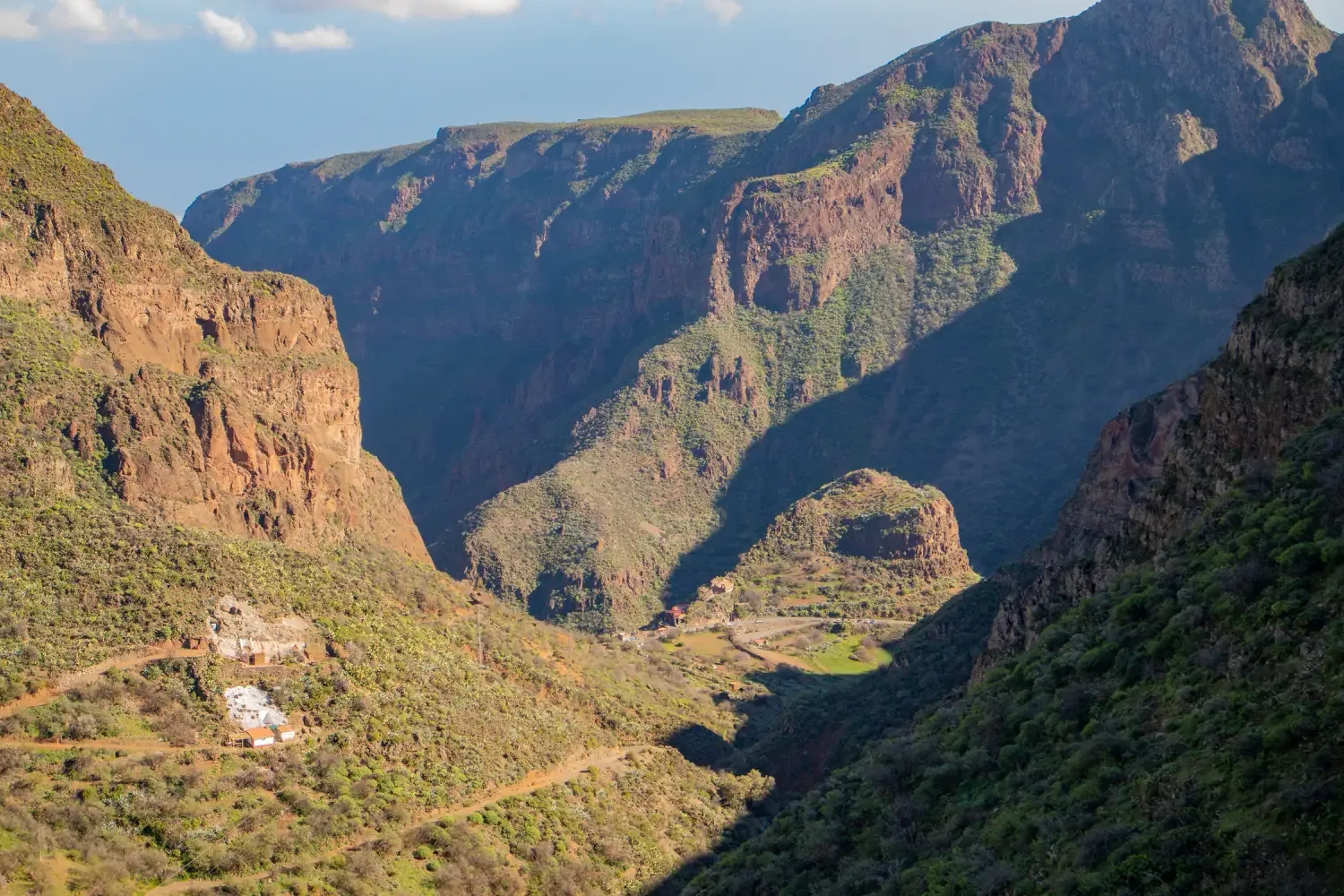 The deep Barranco de Guayadeque with paths and cave dwellings in the ravine walls