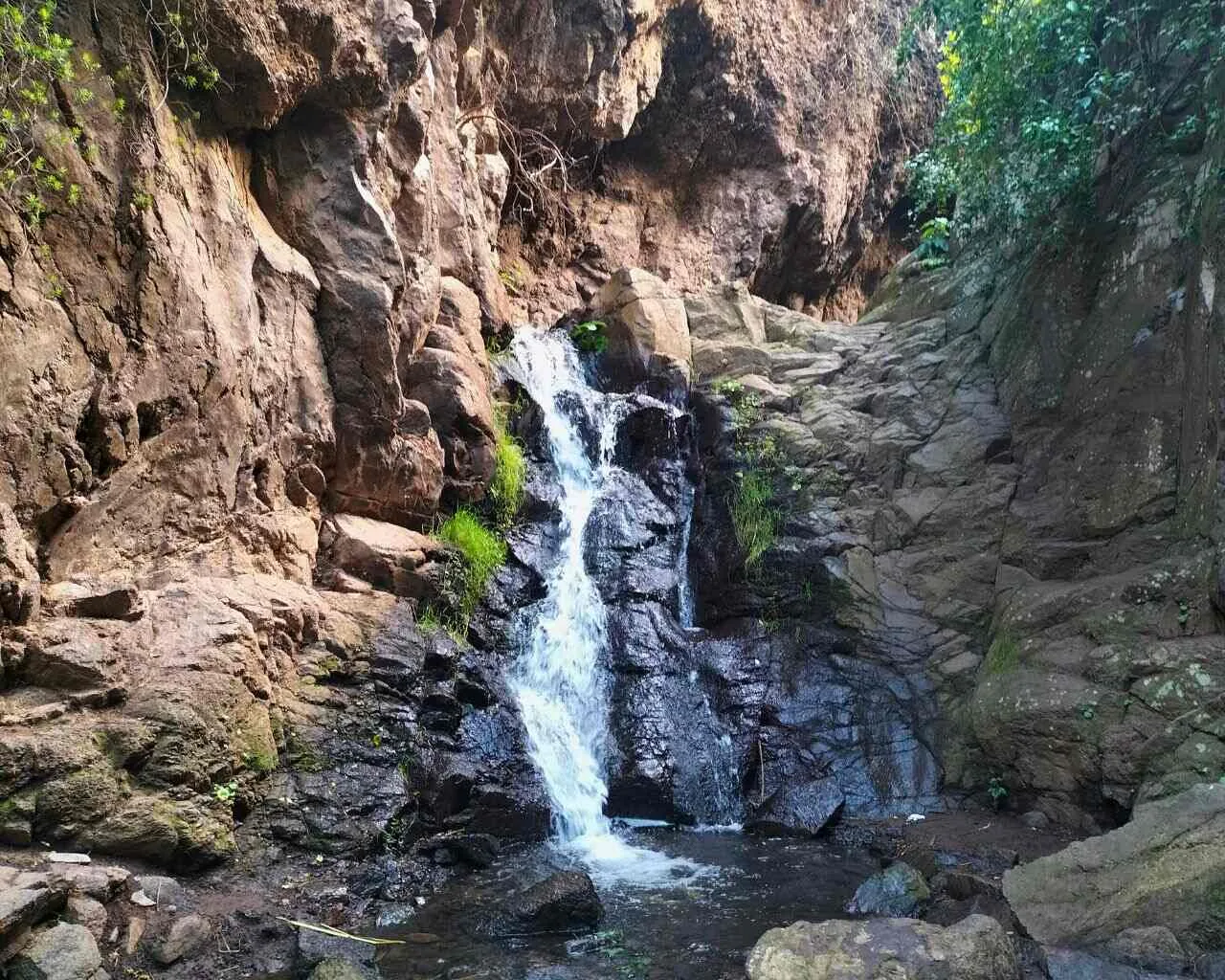A small waterfall between rock walls and greenery in the Barranco de los Cernícalos