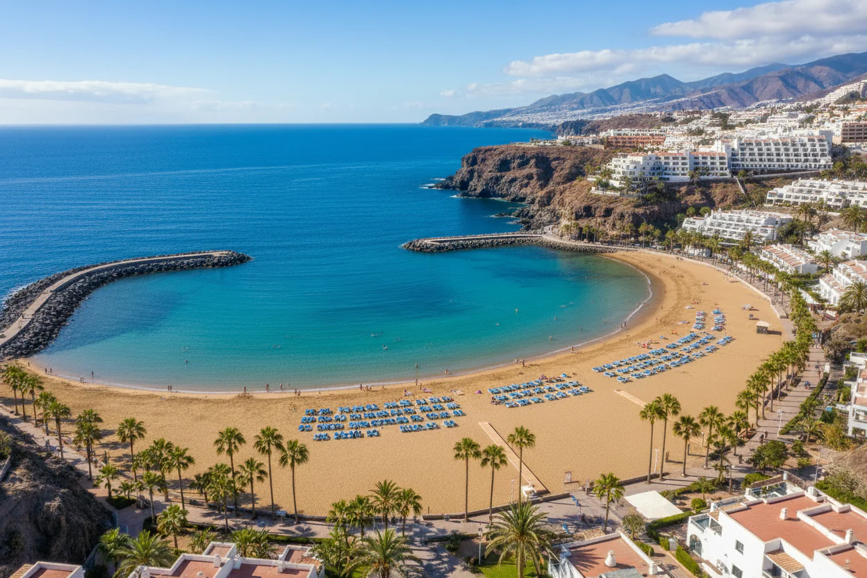 Aerial view of Amadores beach and resorts on the south coast of Gran Canaria
