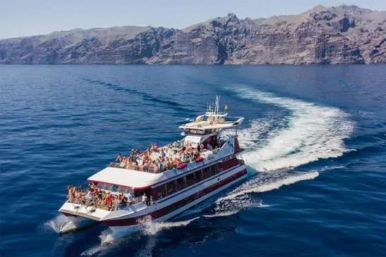 Boat sailing beneath the Los Gigantes cliffs, Tenerife