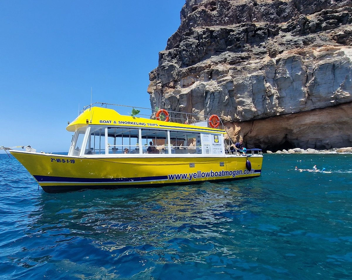 Catamaran sailing toward Playa de Mogán along Gran Canaria's south-west coast