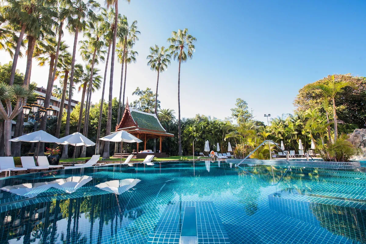 Pool, Thai pavilion and palm gardens at Hotel Botánico & The Oriental Spa Garden, Puerto de la Cruz