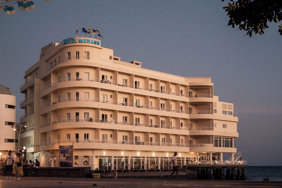 Hotel Médano on the seafront at El Médano, Tenerife, at dusk