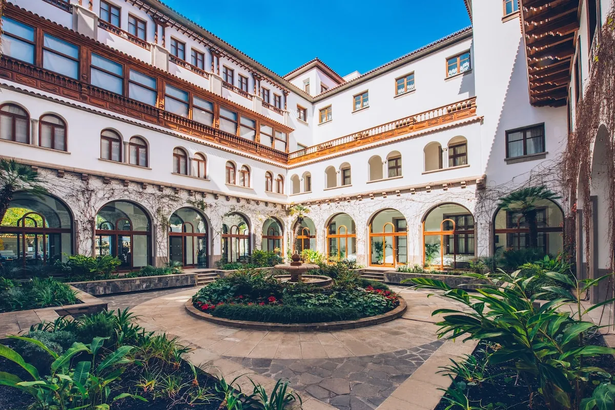 Arcaded courtyard and garden fountain at Iberostar Heritage Grand Mencey, Santa Cruz de Tenerife