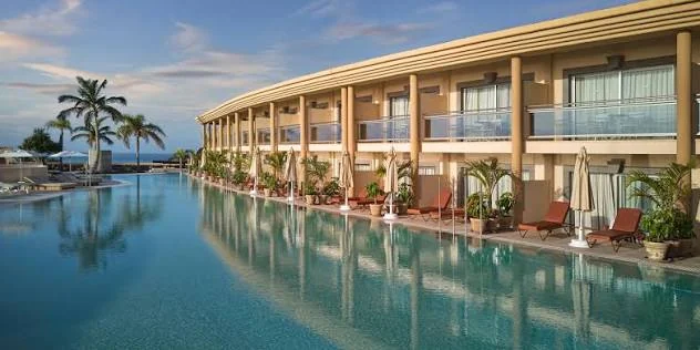 Pool terrace and curved building at Iberostar Selection Fuerteventura Palace, Jandía