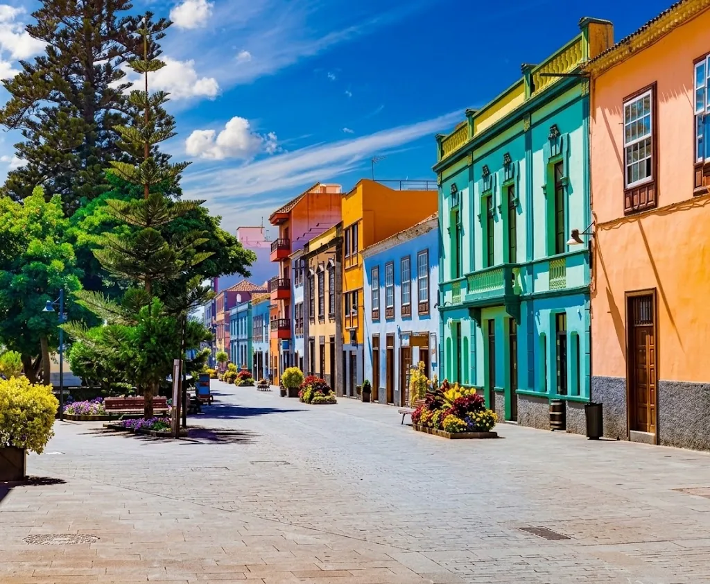 Colonial houses with wooden balconies on a pedestrian street in La Laguna