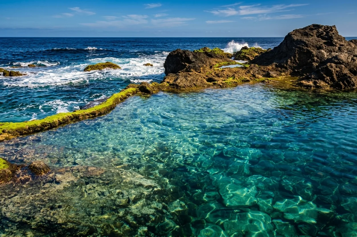 Clear turquoise water in a natural rock pool on the north coast of Tenerife