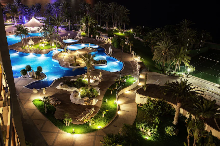 Terraced pool gardens at Radisson Blu Resort & Spa, Gran Canaria Mogán, near Puerto de Mogán