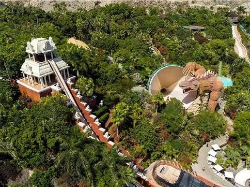 Aerial view of Siam Park's Thai-themed water slides and lazy river, Tenerife