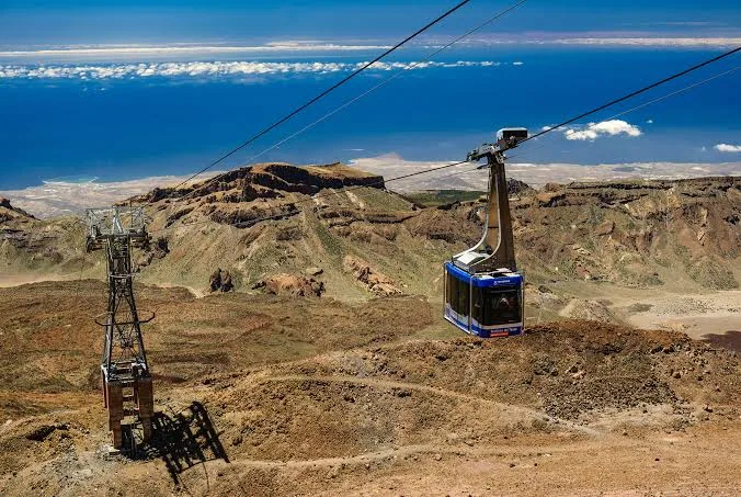 Teide cable car cabin above the lava fields of Las Cañadas, with the Atlantic and the south coast below