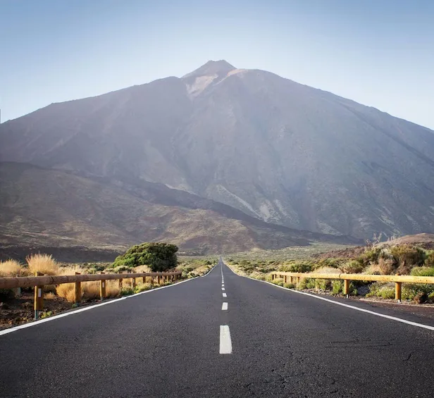 Road through Teide National Park with Mount Teide behind, Tenerife